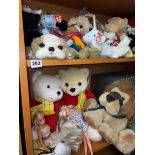 SHELF OF TY BEANY BABIES AND RUPERT THE BEAR PLUSH TOYS