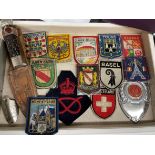 SELECTION OF SEW ON CITY BADGES MAINLY FRENCH AND SWISS, A SMALL HUNTING KNIFE IN SHEATH,