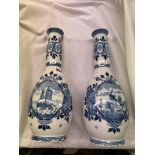 PAIR OF DELFT BLUE AND WHITE FLARE TOP VASES WITH PANELS OF WINDMILLS AND BARGES