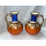 PAIR SAMUEL ALCOCK SERPENT HANDLED GLOBULAR VASES WITH GILT DECORATION ON ORANGE AND BLUE GROUND