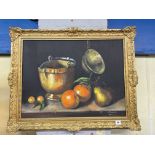 OIL ON CANVAS LAID ON BOARD STILL LIFE OF ORANGES AND PEARS SIGNED VICENTE IN GILT FRAME