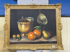 OIL ON CANVAS LAID ON BOARD STILL LIFE OF ORANGES AND PEARS SIGNED VICENTE IN GILT FRAME