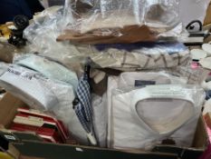 CARTON OF GENTLEMANS DRESS SHIRTS AND BOXED HANDKERCHIEVES SIZES 15-16.