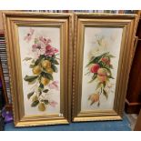 PAIR OF OILS ON BOARD STILL LIFE OF FLOWERS AND FRUIT IN GILT FRAMES