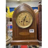 EDWARDIAN MAHOGANY AND INLAID LANCET CASED MANTLE CLOCK AS FOUND
