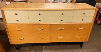 MID 1950S G PLAN TEN DRAWER "CHINA WHITE" SIDEBOARD COMPRISED OF BLONDE OAK AND WHITE LACQUER ON