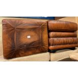 BROWN LEATHER FOOTSTOOL AND A CUBE FOOT STOOL