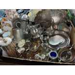 BOX - VARIOUS EPNS AND METAL WARES INCLUDING SAUCE BOATS, SUCRIERS, SIFTERS, CAKE BASKETS,