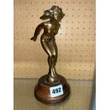 ART DECO FEMALE NUDE DIVING FIGURE ON WOODEN SOCLE 21CM H APPROX.