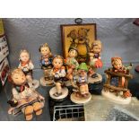 SELECTION OF JM HUMMEL BAVARIAN BOY AND GIRL FIGURES A/F AND A SMALL WALL PLAQUE