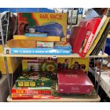TWO SHELVES OF VINTAGE BOARD GAMES INCLUDING RAIL RACE, QUINTRO,