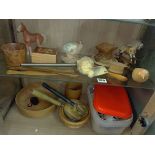 TWO SHELVES OF DECORATIVE WOODEN BOXES, BOWLS, MAGNIFYING GLASSES,