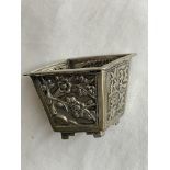 CHINESE EXPORT SILVER LOZENGE SHAPED MINIATURE PLANTER WITH PANELS OF BAMBOO AND FIGURES