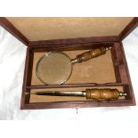 HARD WOOD CASED MAGNIFYING GLASS AND LETTER OPENER SET