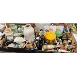TWO CARTONS OF VARIOUS CERAMICS AND GLASSWARE, FIGURE GROUPS, VASES, WALNUT FRAMED MIRROR,