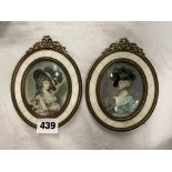 PAIR OF 20TH CENTURY PORTRAIT MINIATURES OF 18TH CENTURY STYLE LADIES IN OVAL GILT RIBBON TIED