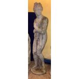 STONE WORK STATUE OF THE CLASSICAL FEMALE FIGURE (115CM H) ON A CIRCULAR SOCLE (39CM H)