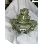 CHINESE GREEN JADE ARCHAIC FORM COVERED JAR AND COVER WITH DRAGON MASK HANDLES