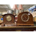 WALNUT CASED MANTLE CLOCK AND AN OAK CASED TIME PIECE