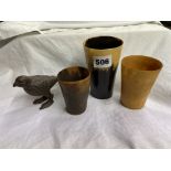 THREE 19TH CENTURY HORN BEAKERS AND A CAST METAL BIRD FIGURE