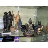 SELECTION OF CAST AND RESIN CAT AND BIRD FIGURE GROUPS,