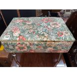 TAPESTRY PADDED NEEDLE WORK BOX AND CONTENTS
