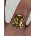 9CT WHITE GOLD AND CITRINE SQUARE CUSHION RING SIZE O/P 3.