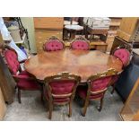 ITALIAN REPRODUCTION WALNUT MARQUETRY SERPENTINE DINING TABLE AND SIX CHAIRS