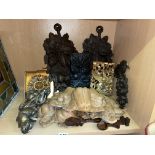 SELECTION OF CARVED ACORN AND LEAF MOULDINGS AND ITALIAN POTTERY AND A VINTAGE STAINED GLASS WINDOW