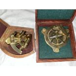 REPRODUCTION CASED BRASS MINI SEXTANT AND A BOXED COMPASS