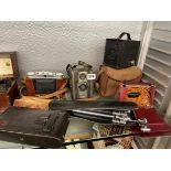 VINTAGE CORONET AND BOX CAMERAS AND A TRAVEL IRON