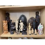 SHELF OF CARVED CHINESE AND EASTERN EMPEROR AND EMPRESSES, BUDDHAS,