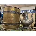 BRASS BANDED COAL BUCKET AND A 19TH CENTURY PLATED COFFEE POT