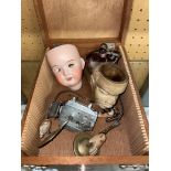 WOODEN BOX CONTAINING PART OF A GERMAN PORCELAIN DOLL AND CLAY TRIBESMAN SMOKING PIPE BOWL