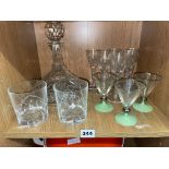 SHELF - CUT GLASS SHIPS DECANTER, SIX SPIRAL TWIST STEM GLASSES,