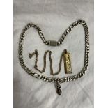 SILVER GILT INGOT ON 9CT GOLD CHAIN AND A SILVER FLAT CURB LINK CHAIN WITH MOPED HELMET CHARM