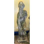 STONE WORK STATUE OF THE BATHER ON A SQUARE SECTION FLUTED PEDESTAL 89CM H