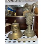 REPRODUCTION BRASS TITANIC BELL AND A TWIN HANDLED VASE