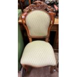 REPRODUCTION GREEN FABRIC UPHOLSTERED WALNUT CRESTED BACK CHAIR
