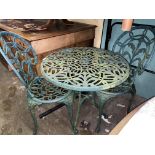 GREEN CAST METAL VICTORIAN STYLE PATIO TABLE AND TWO CHAIRS