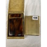 TORTOISE SHELL EFFECT CIGARETTE CASE AND LIGHTER IN FAUX SHARK SKIN CASE AND AN ENGINE TURNED