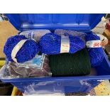 BLUE TRUNK OF VARIOUS YARNS AND WOOL, SOME OTHER HABERDASHERY ITEMS, KNITTING NEEDLES,