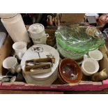 CARTON - COMPORT, VARIOUS TEASPOONS, GLASS BOWLS, HEAVY BRASS CAT FIGURE,