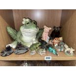 SMALL SHELF OF ANIMAL FIGURES RESIN AND POTTERY MAINLY FROGS AND PIGS