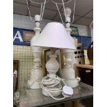 PAIR OF ALABASTER BALUSTER TABLE LAMPS AND ONE SMALLER LAMP