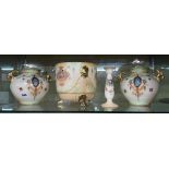 PAIR OF CROWN DUCAL BLUSH IVORY AND GILDED TWIN HANDLED VASE,