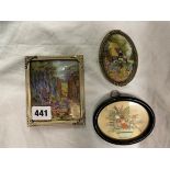 MINIATURE EMBROIDERY DELPHINIUM GARDEN IN EASEL BACK FRAME AND TWO OTHER - COTTAGE SCENE AND STILL