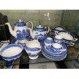 SELECTION OF BLUE AND WHITE TABLE WARES AND BOOTHS OLD WILLOW TABLE SET