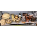 SHELF OF VARIOUS STUDIO POTTERY INCLUDING TUREEN AND COVER, LARGE BOWLS, PLANTER,