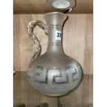 FROSTED CARAFE WITH ETCHED GREEK KEY MOTIF AND A SPIRAL TWIST APPLIED LOOP HANDLE